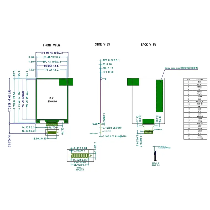 Module d'affichage e-paper 6 couleurs 2.8 pouces 300×400 SPI