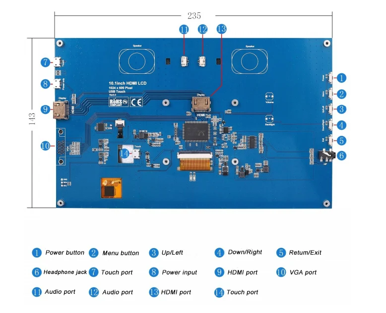 Écran tactile IPS TFT 10.1 pouces (1024 x 600 px) avec prise en charge tactile multipoint (5 points)