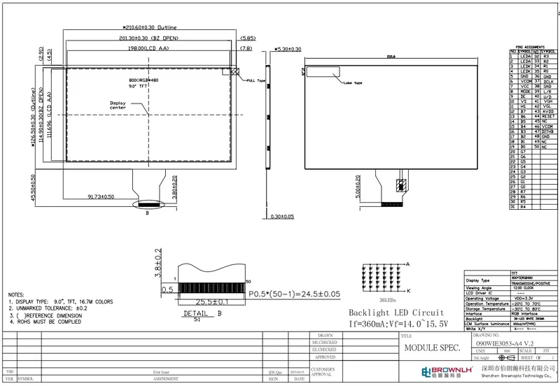 Écran TFT standard de 9.0 pouces (800 x 480 pixels) sans fonction tactile