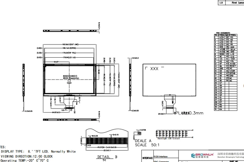 Écran TFT standard de 8.0 pouces (800 x 480 pixels) sans fonction tactile