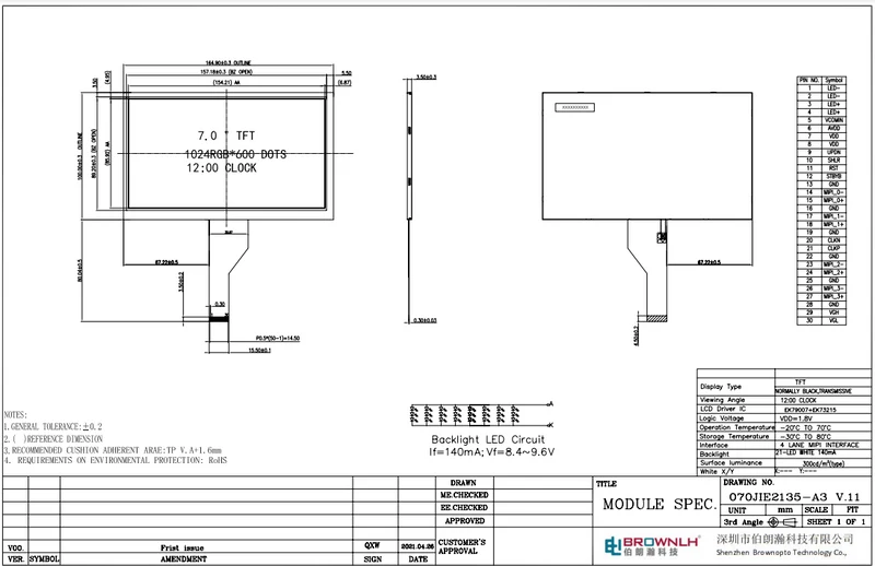 Écran TFT standard de 7.0 pouces (1024 x 600 pixels) sans fonction tactile