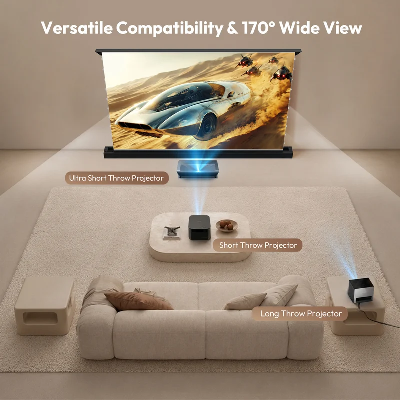 100''-120'' NothingProjector Matte White Motorized Floor Rising Screen For Long/Short/UST Projector
