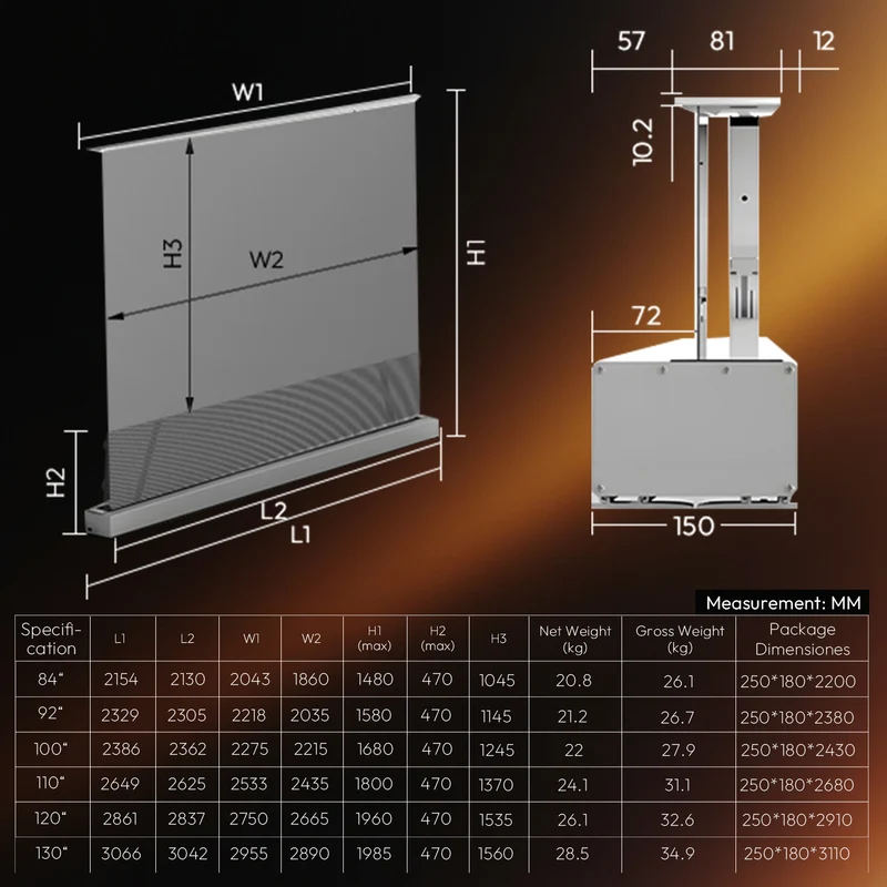 84''-130'' NothingProjector Black Series 95% ALR Motorized Floor Rising Screen For Ultra Short Throw Projector