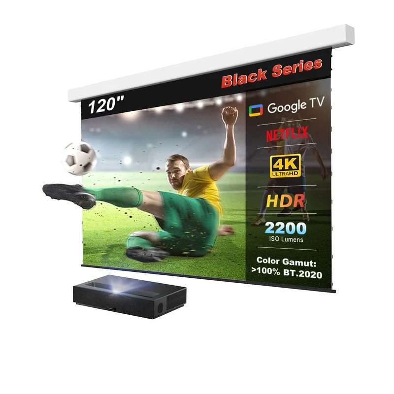 (Bundle) Formovie Theater Premium Triple Laser 4K TV Ultra Short Throw Projector + Black Series Motorized ALR Projector Screen