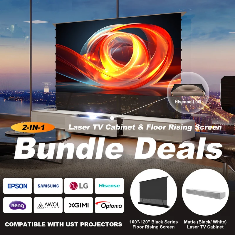Shore UST Projector Matte Cabinet + Black Series Motorized Floor Rising Screen Bundle (Pre-Assembled）