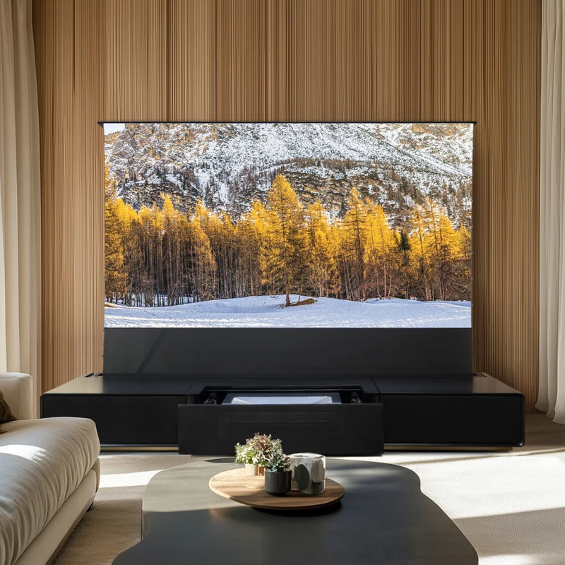 Shore UST Projector Matte Cabinet + Black Series Motorized Floor Rising Screen Bundle (Pre-Assembled）