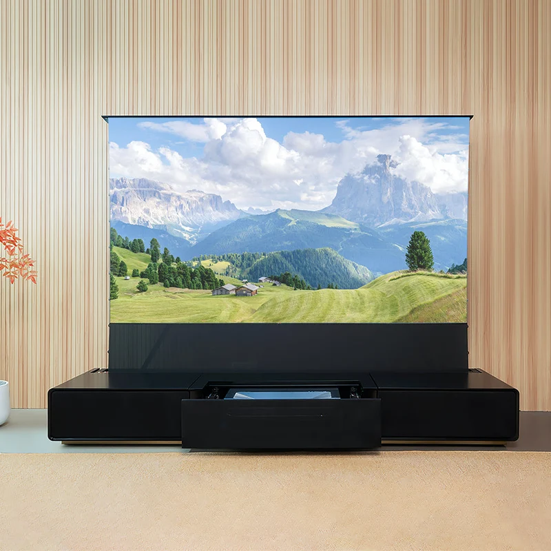 Shore UST Projector Matte Cabinet + Black Series Motorized Floor Rising Screen Bundle (Pre-Assembled）