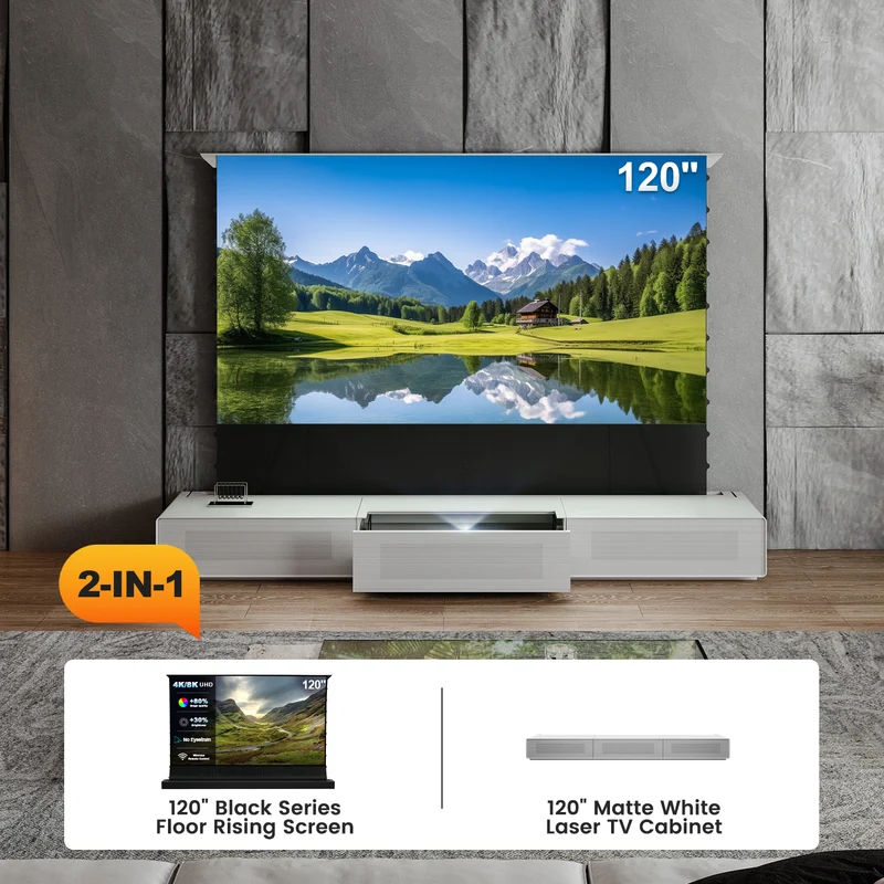 Shore UST Projector Matte Cabinet + Black Series Motorized Floor Rising Screen Bundle (Pre-Assembled）