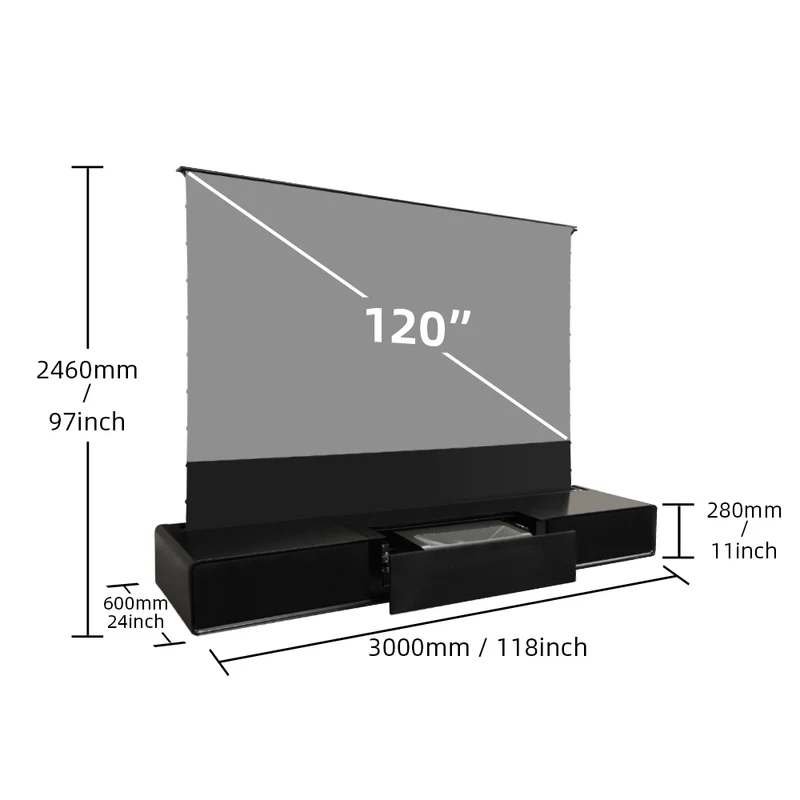 Shore UST Projector Matte Cabinet + Black Series Motorized Floor Rising Screen Bundle (Pre-Assembled）