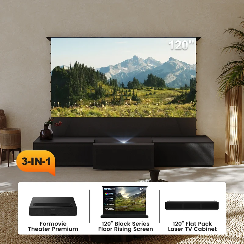 100"-120" Shore Black Motorized Laser TV Flat Pack Cabinet
