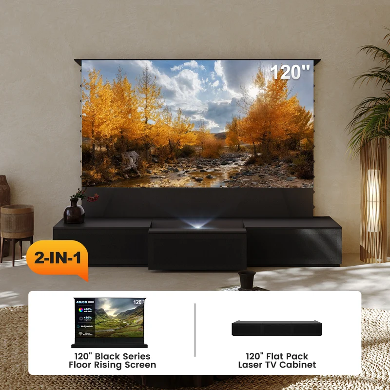 100"-120" Shore Black Motorized Laser TV Flat Pack Cabinet