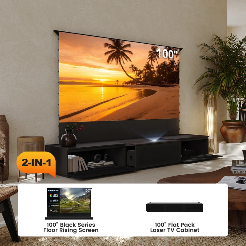100"-120" Shore Black Motorized Laser TV Flat Pack Cabinet
