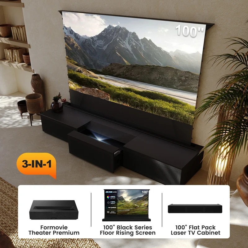 100"-120" Shore Black Motorized Laser TV Flat Pack Cabinet