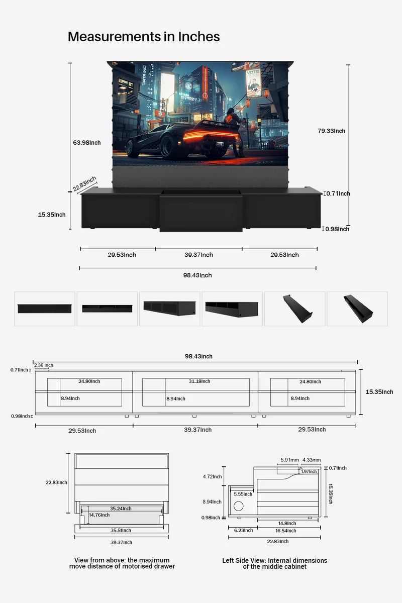 100"-120" Shore Black Motorized Laser TV Flat Pack Cabinet