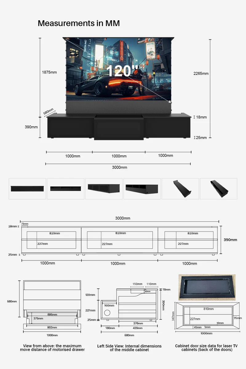 100"-120" Shore Black Motorized Laser TV Flat Pack Cabinet