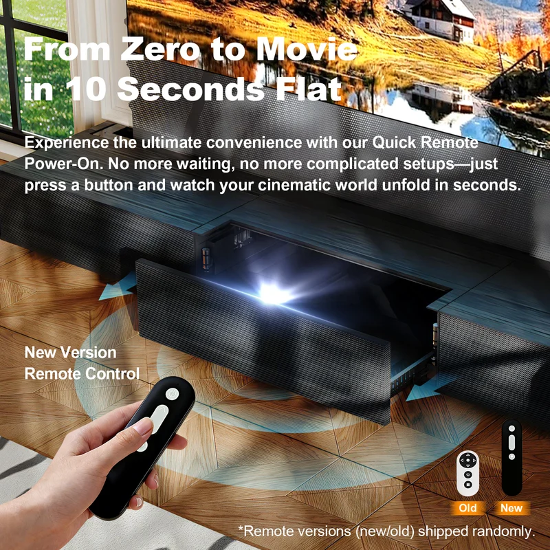 Shore Wood Grain UST Projector Cabinet + Black Series Motorized Floor Rising Screen Bundle (Cabinet Pre-Assembled）