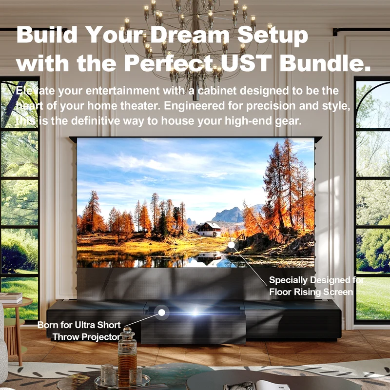 Shore Wood Grain UST Projector Cabinet + Black Series Motorized Floor Rising Screen Bundle (Cabinet Pre-Assembled）