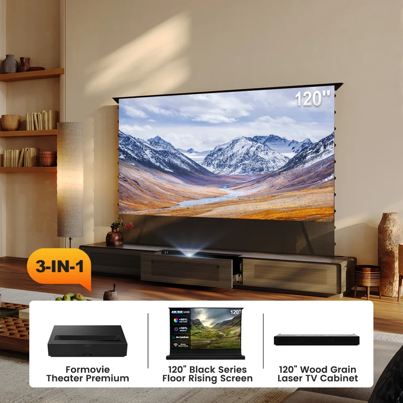 Shore Wood Grain UST Projector Cabinet + Black Series Motorized Floor Rising Screen Bundle (Cabinet Pre-Assembled）