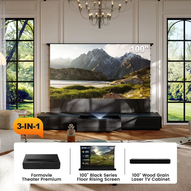 Shore Wood Grain UST Projector Cabinet + Black Series Motorized Floor Rising Screen Bundle (Cabinet Pre-Assembled）
