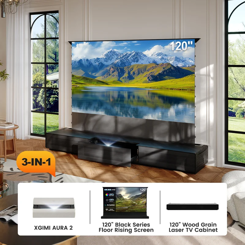 Shore Wood Grain UST Projector Cabinet + Black Series Motorized Floor Rising Screen Bundle (Cabinet Pre-Assembled）