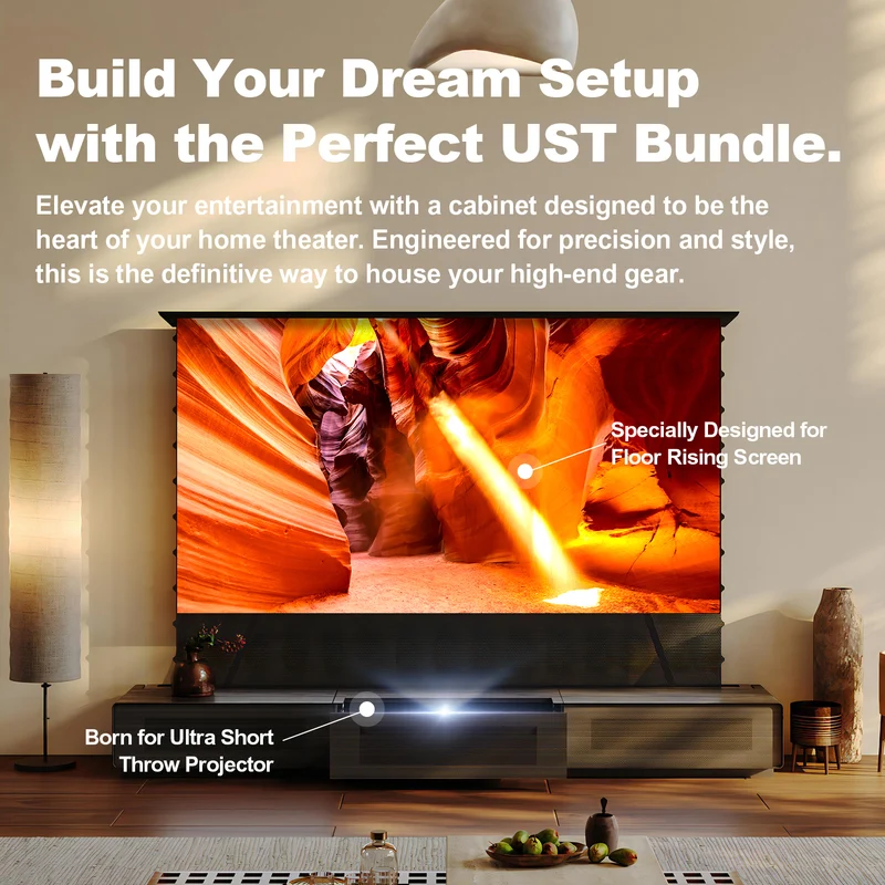 Shore Wood Grain UST Projector Cabinet + Black Series Motorized Floor Rising Screen Bundle (Cabinet Pre-Assembled）