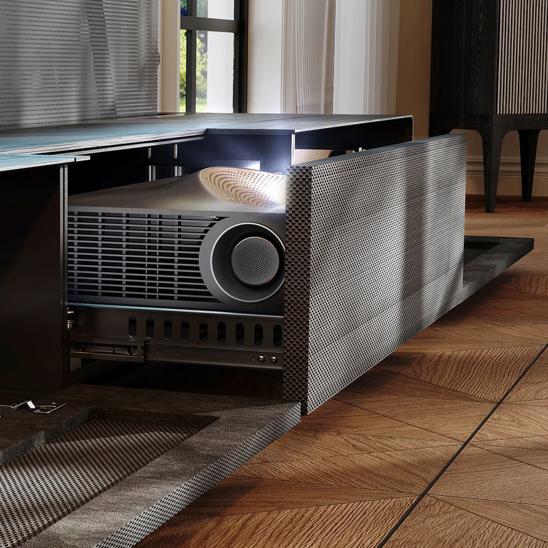 Shore Wood Grain UST Projector Cabinet + Black Series Motorized Floor Rising Screen Bundle (Cabinet Pre-Assembled）