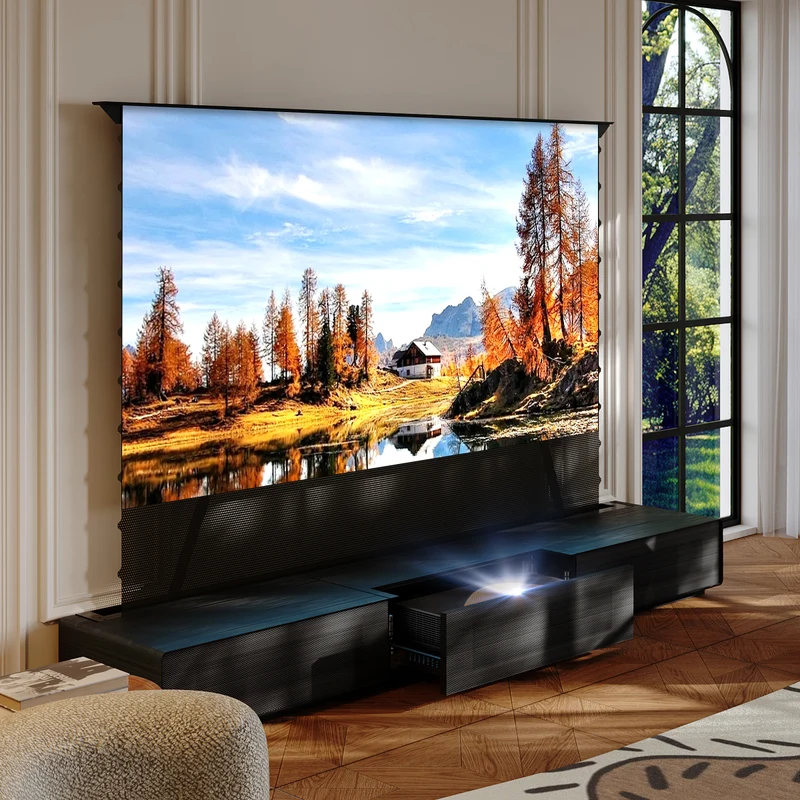 Shore Wood Grain UST Projector Cabinet + Black Series Motorized Floor Rising Screen Bundle (Cabinet Pre-Assembled）