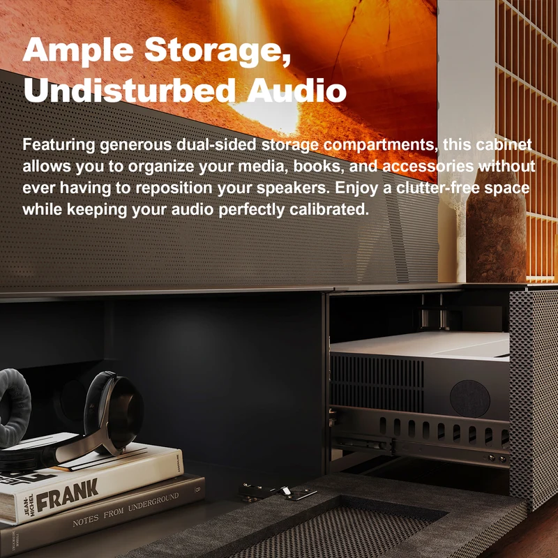 Shore Wood Grain UST Projector Cabinet + Black Series Motorized Floor Rising Screen Bundle (Cabinet Pre-Assembled）