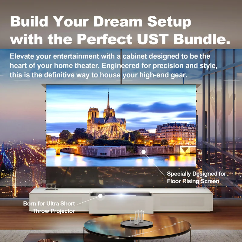 Shore UST Projector Matte Cabinet + Black Series Motorized Floor Rising Screen Bundle (Pre-Assembled)