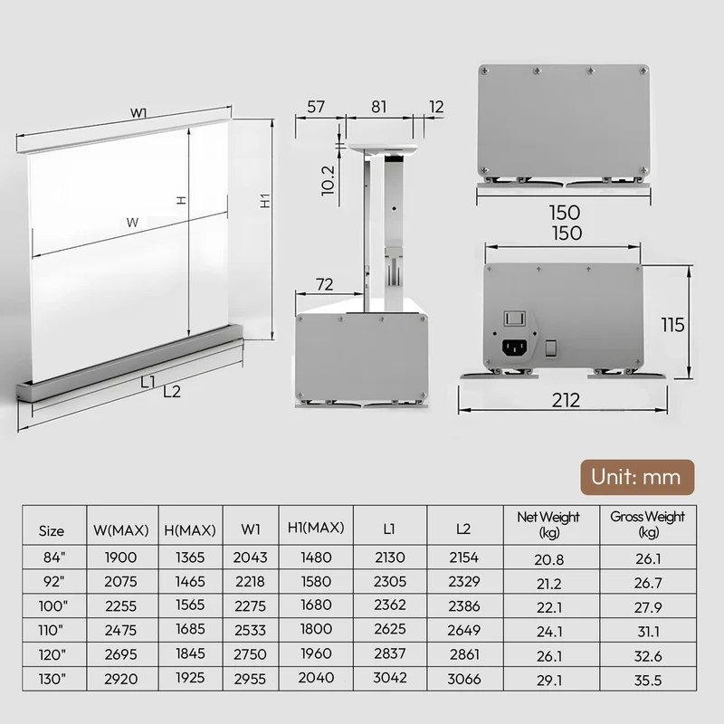 100''-120'' NothingProjector Matte White Motorized Floor Rising Screen For Long/Short/UST Projector