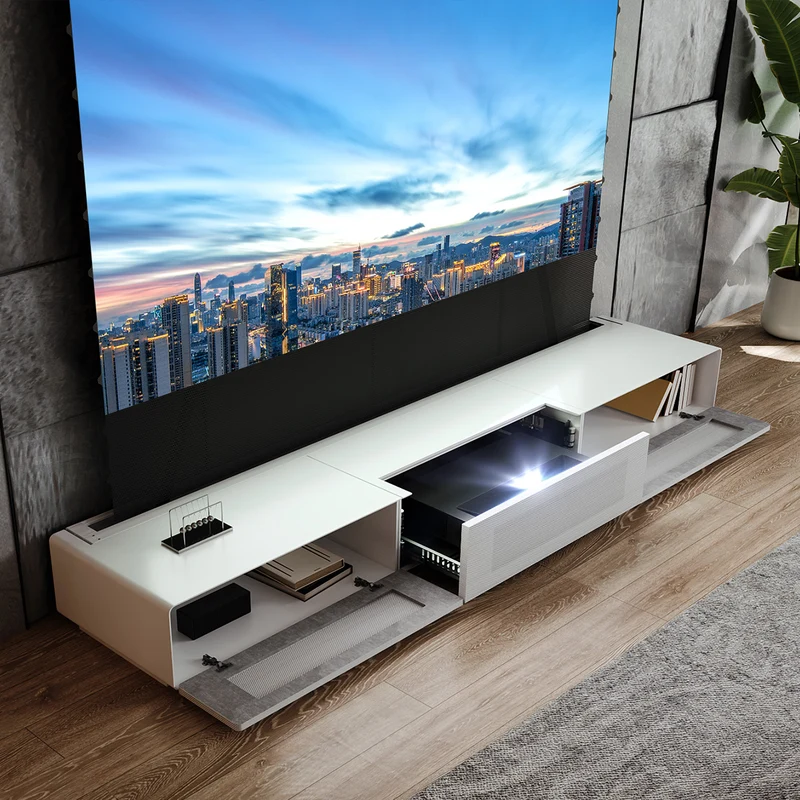 Shore UST Projector Matte Cabinet + Black Series Motorized Floor Rising Screen Bundle (Pre-Assembled)