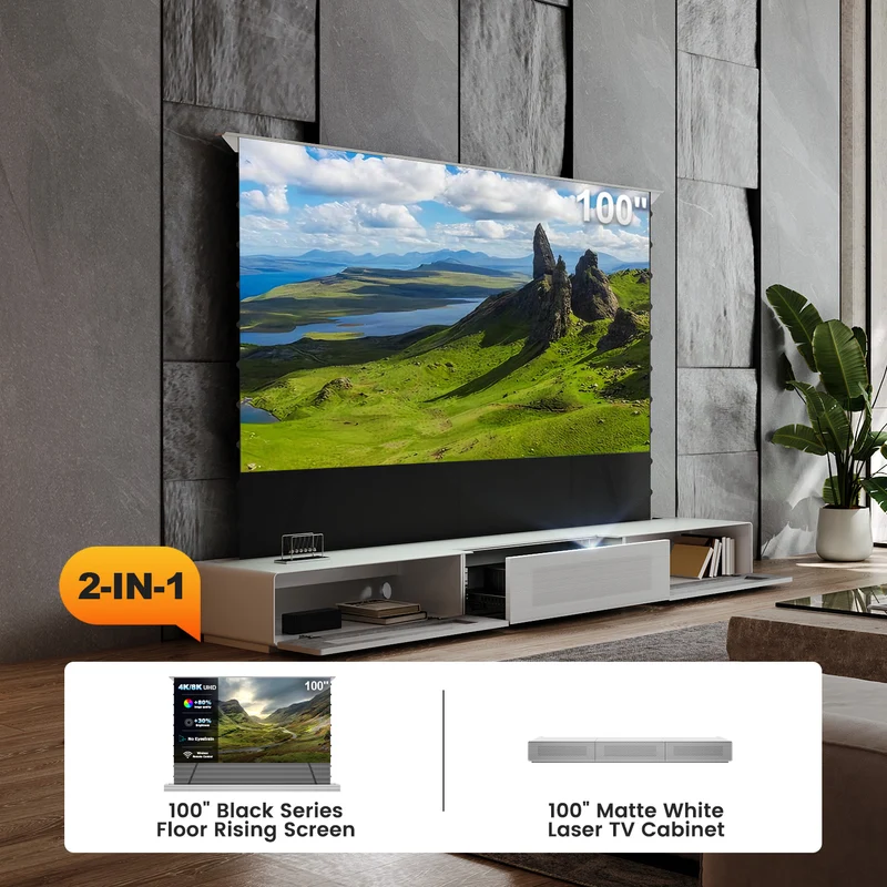 Shore UST Projector Matte Cabinet + Black Series Motorized Floor Rising Screen Bundle (Pre-Assembled)