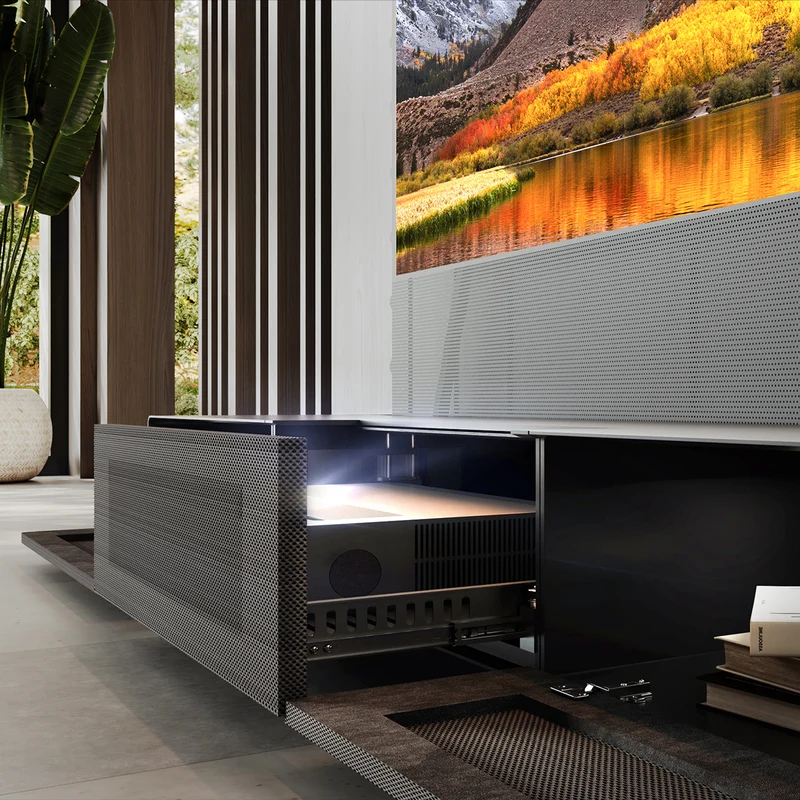 Shore UST Projector Matte Cabinet + Black Series Motorized Floor Rising Screen Bundle (Pre-Assembled)