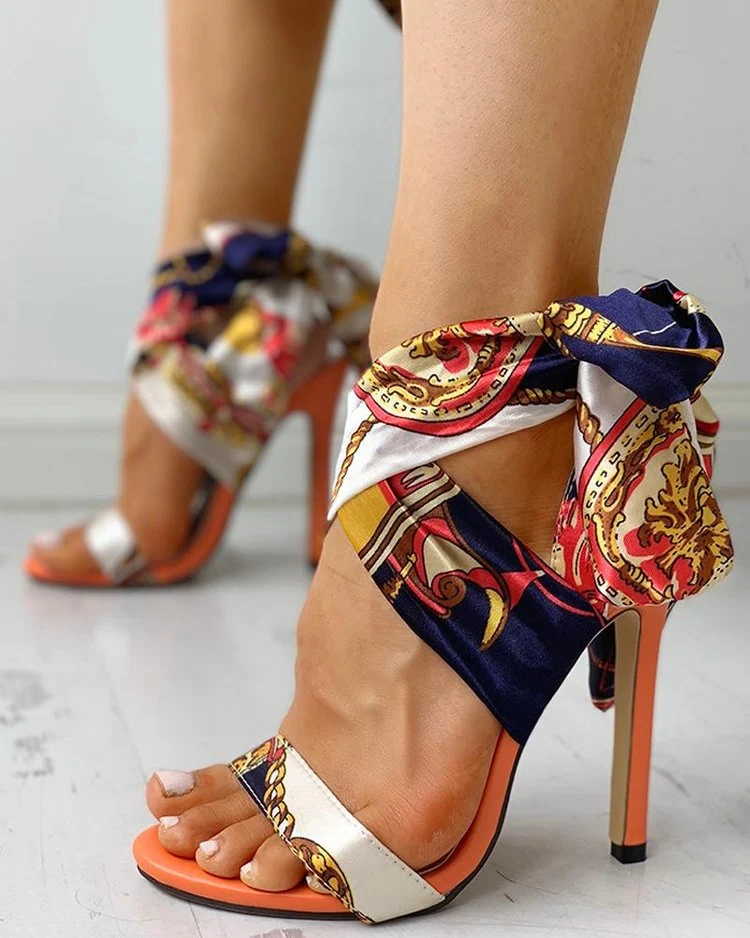 Womens Open-toe Stiletto Heels With Ribbon Detailing