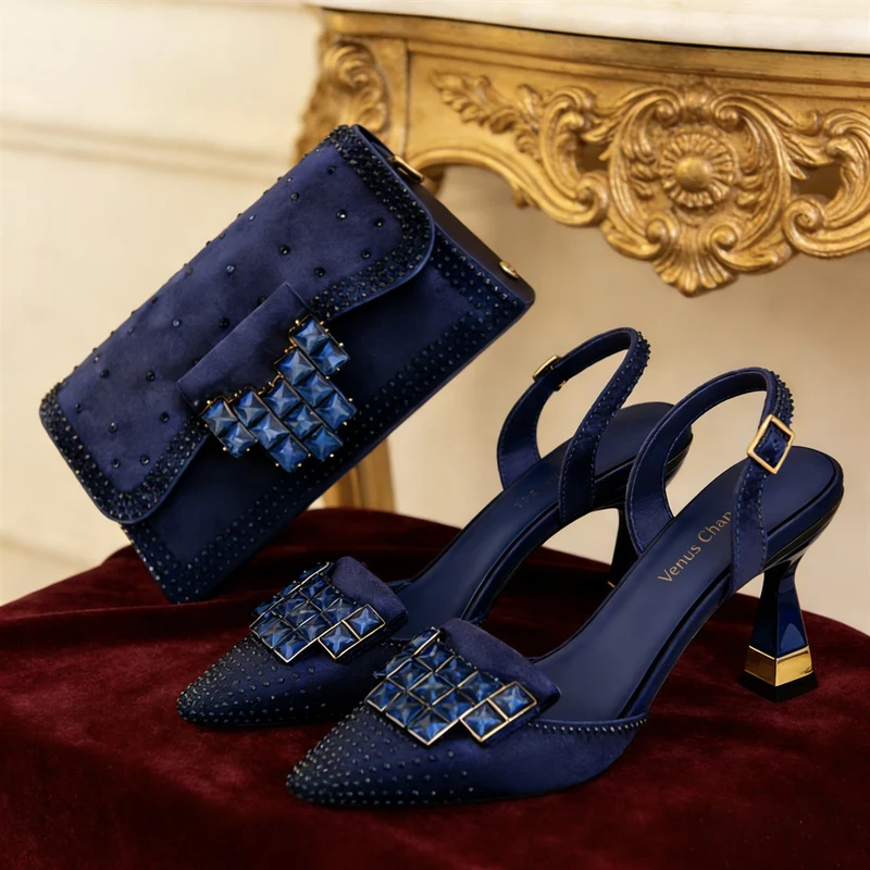 Womens Shoe And Bag Set With Exquisite Rhinestone Buckle