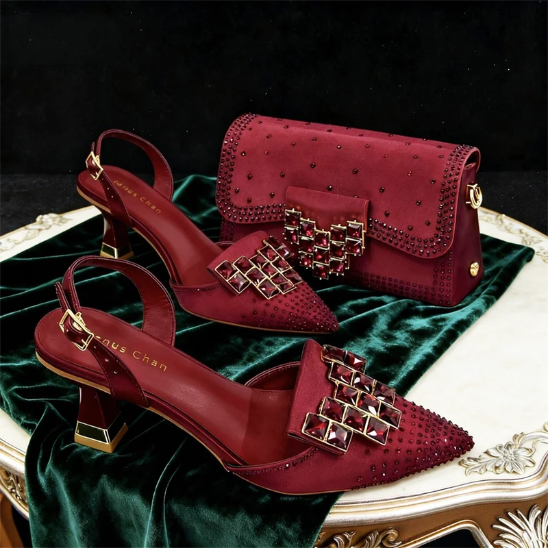 Womens Shoe And Bag Set With Exquisite Rhinestone Buckle