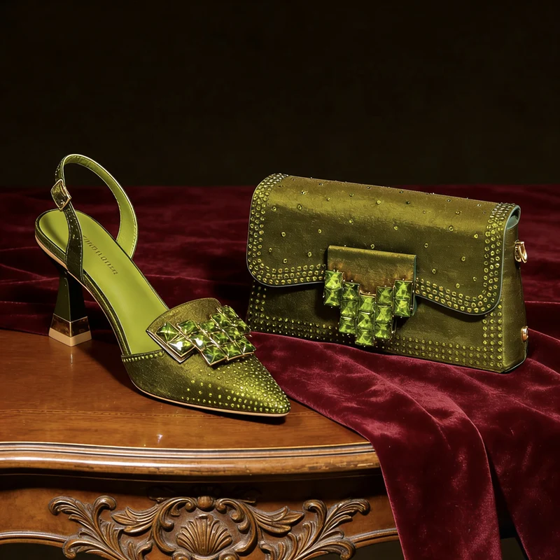 Womens Shoe And Bag Set With Exquisite Rhinestone Buckle