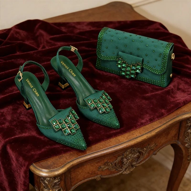 Womens Shoe And Bag Set With Exquisite Rhinestone Buckle