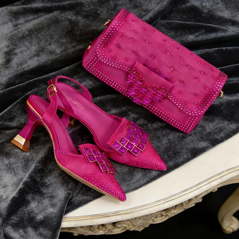 Womens Shoe And Bag Set With Exquisite Rhinestone Buckle