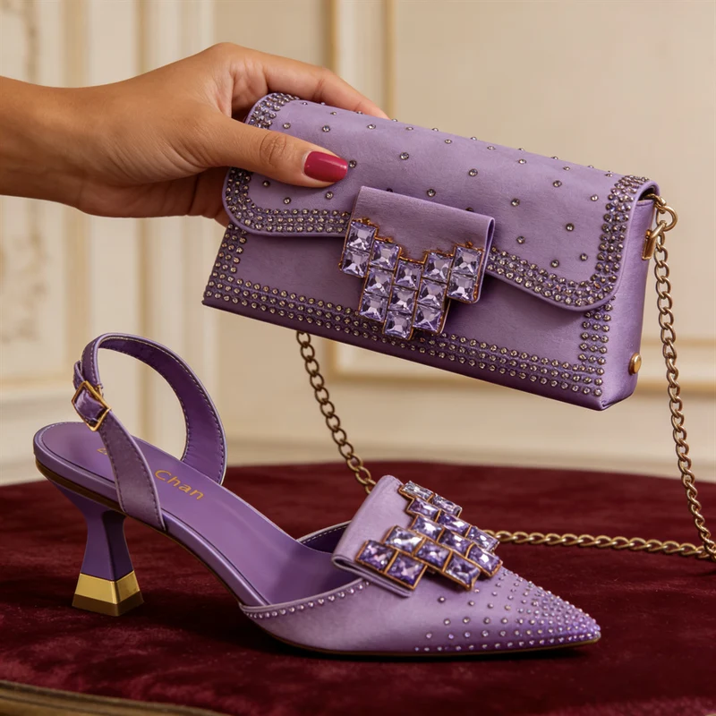 Womens Shoe And Bag Set With Exquisite Rhinestone Buckle
