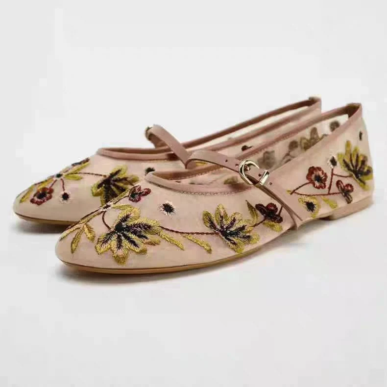 Round-toe Floral-embroidered Mesh Flats