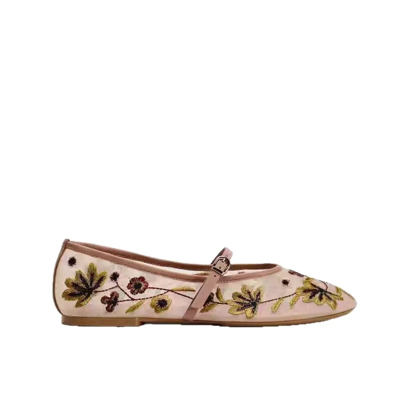 Round-toe Floral-embroidered Mesh Flats