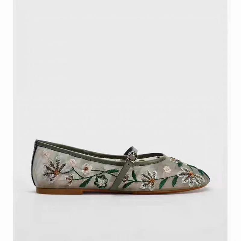 Round-toe Floral-embroidered Mesh Flats