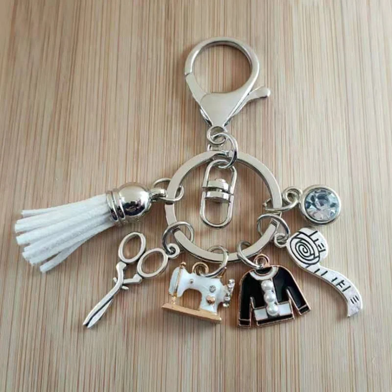 Sewing Machine Clothes Ruler Scissors Tassel Tailor Commemorative Key Chain Bag Ornaments