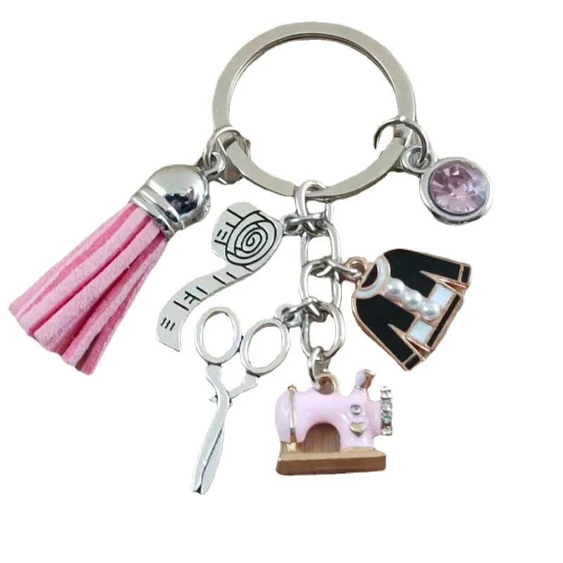 Sewing Machine Clothes Ruler Scissors Tassel Tailor Commemorative Key Chain Bag Ornaments