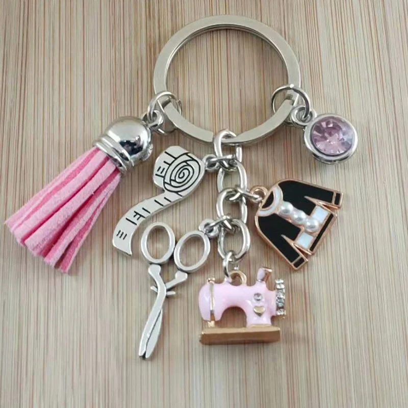 Sewing Machine Clothes Ruler Scissors Tassel Tailor Commemorative Key Chain Bag Ornaments