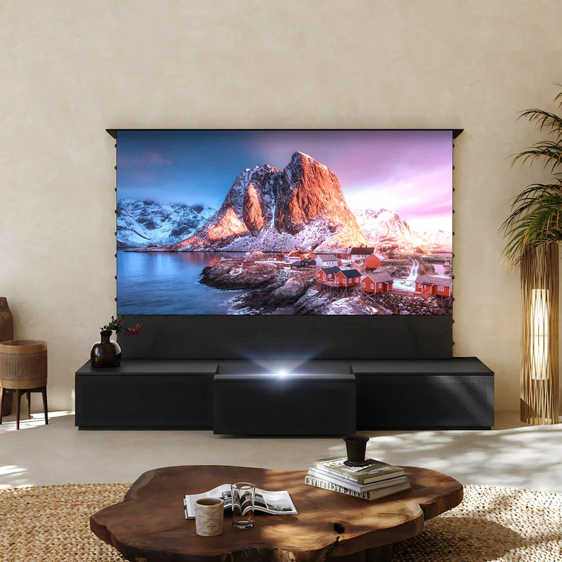 100"-120" Shore Black Motorized Laser TV Flat Pack Cabinet