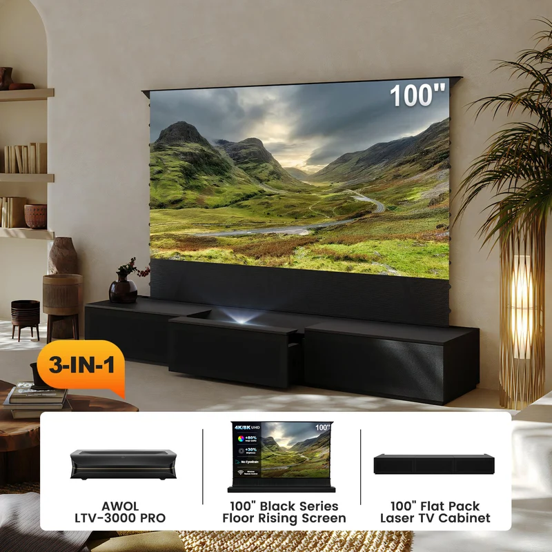 100"-120" Shore Black Motorized Laser TV Flat Pack Cabinet