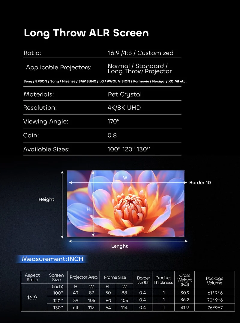 100"-130" NothingProjector Lenticular 4K ALR Projector Screen for Long/Standard Throw Projectors