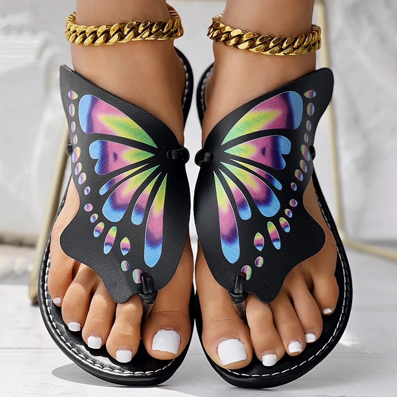 Butterfly Print Round Toe Flip Flops, Comfortable Summer Beach Shoes, Casual Women's Footwear, Perfect For Poolside And Daily Wear